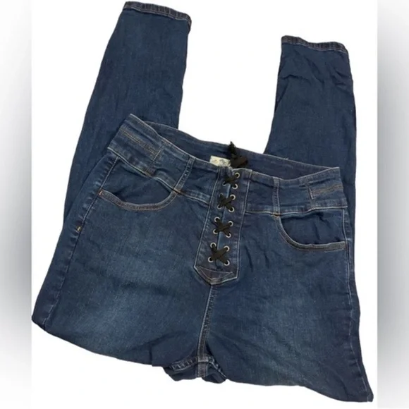 Free People We The Free Sz 32 blue High Rise Lace Up Jeans Lovers Knot - Picture 7 of 7